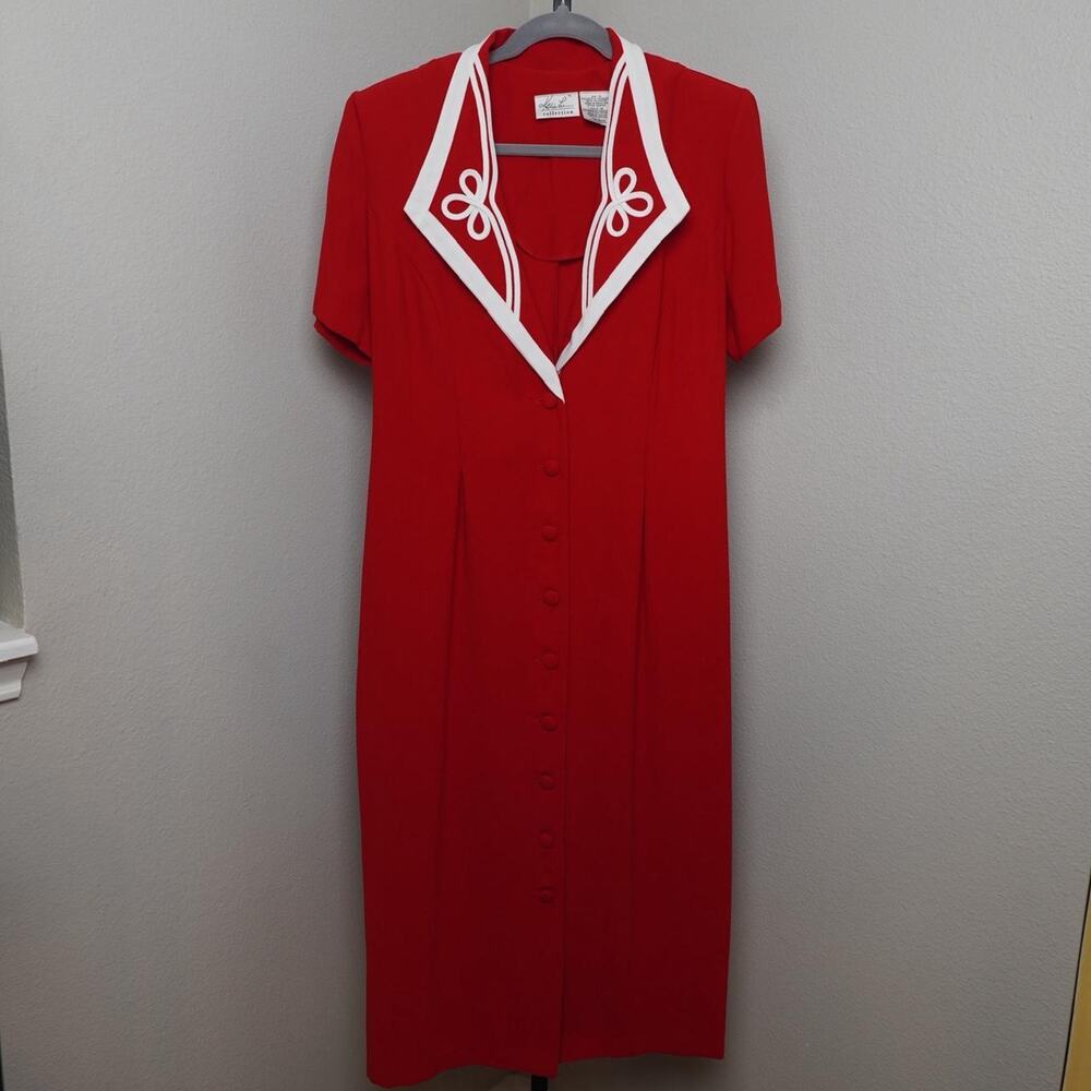 Kathi Lee Red Midi Dress White Trim 90s Size 14